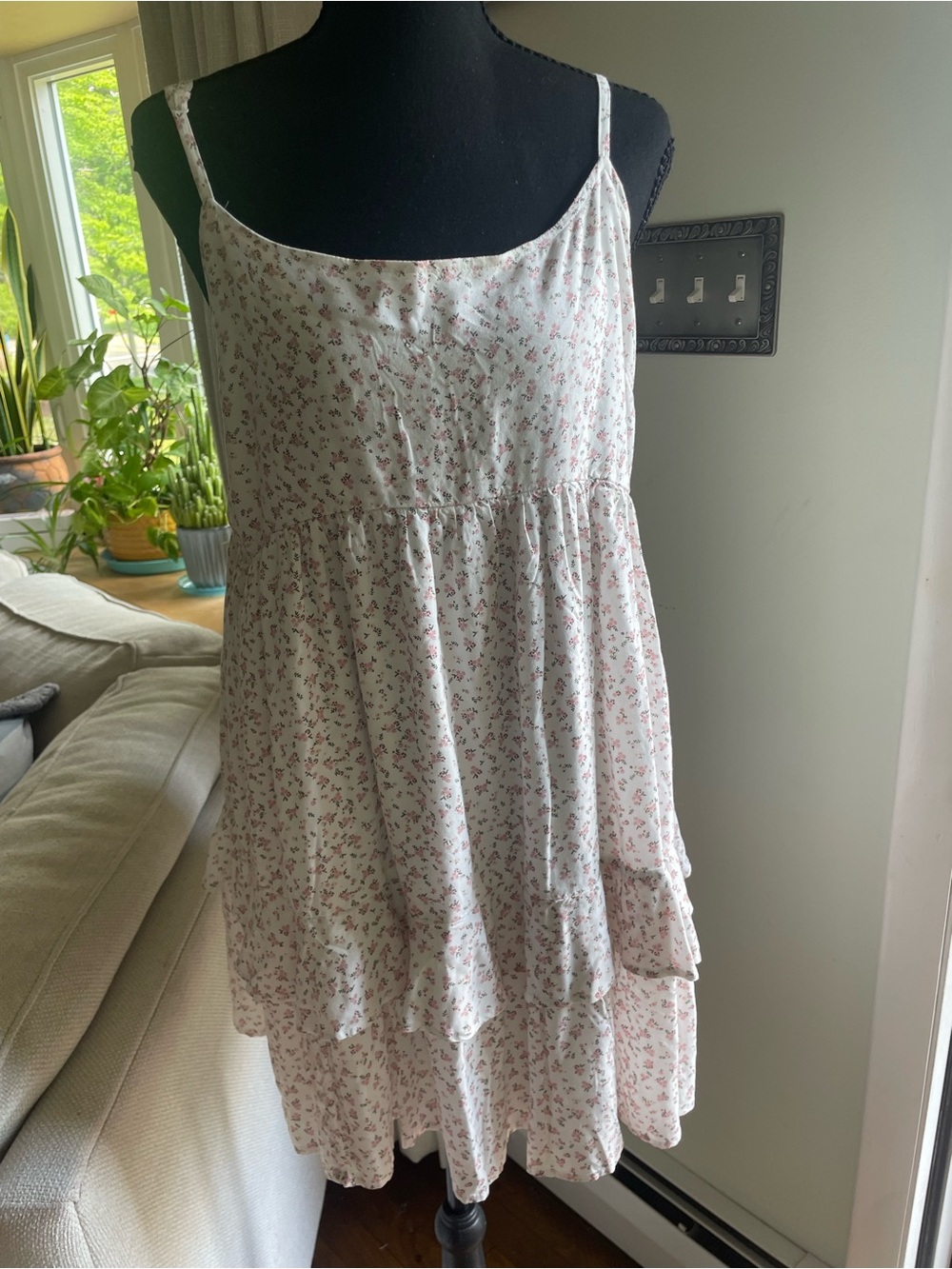Light Pink Floral Tiered Midi Dress with Spaghetti Straps